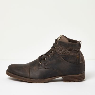 Brown leather textile panel work boots
